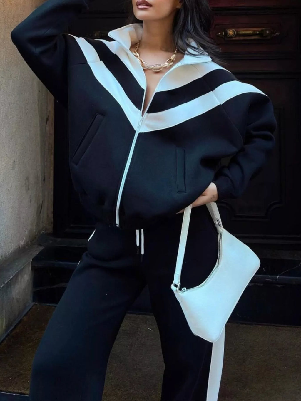 Color Block Zip-Up Outerwear and Pants Set - Lilixa.store