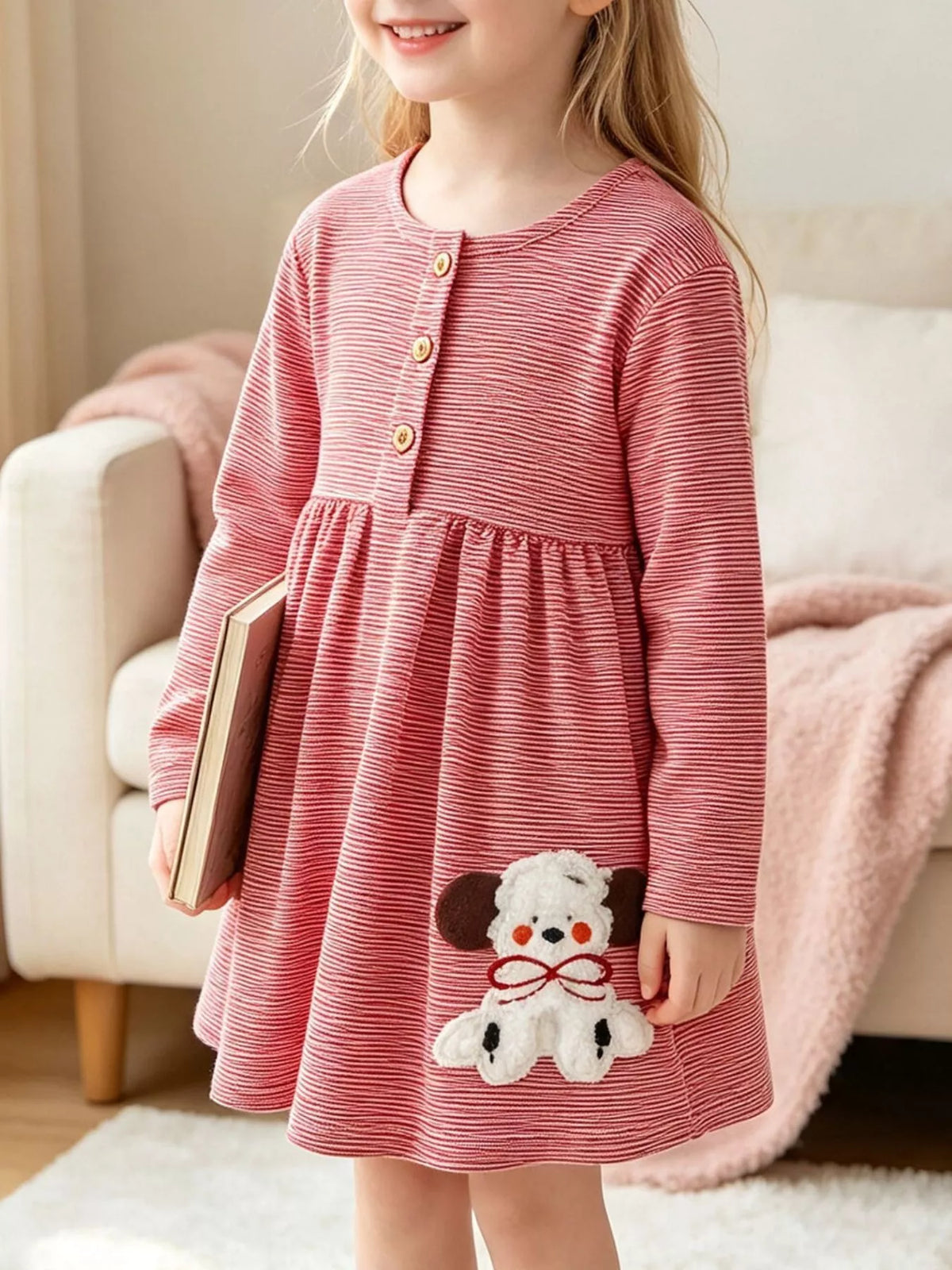 Children's Striped Long-Sleeve Casual Dress with Puppy Applique - Lilixa.store