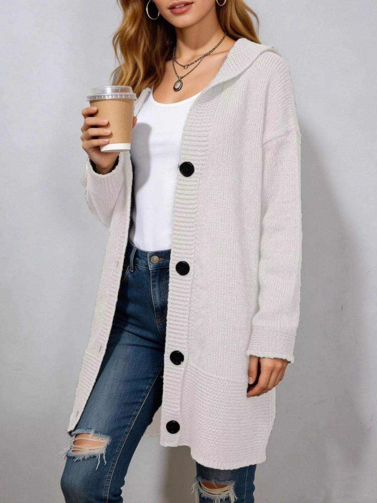 Full Size Casual Hooded Button-Down Knit Cardigan Plus Size - Lilixa.store