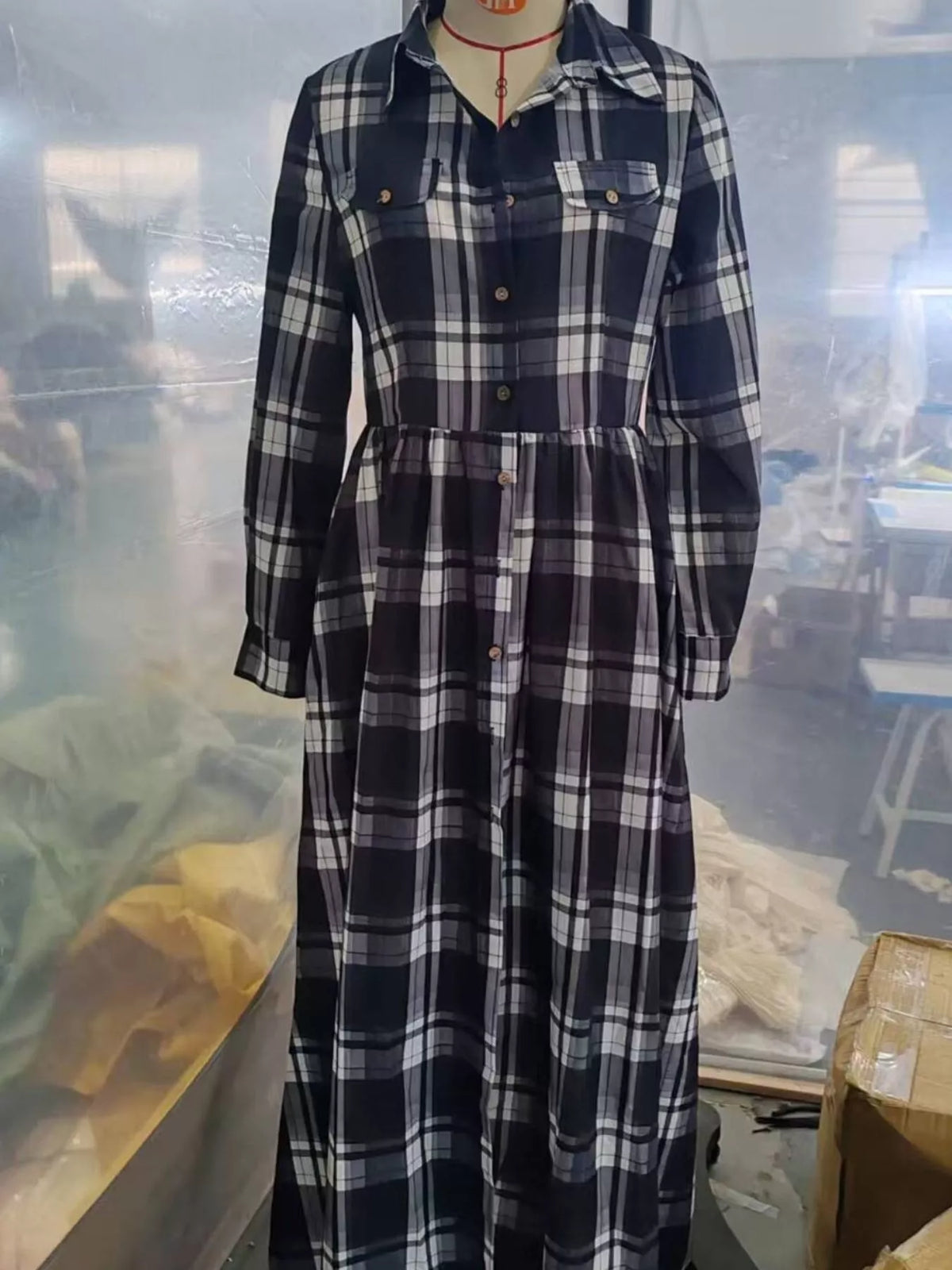 Full Size Plaid Long Sleeve Shirt Maxi Dress Plus Size