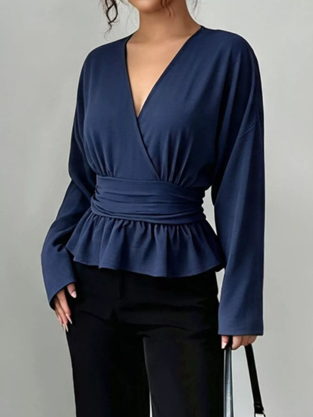 Surplice Long Sleeve Wrap Blouse - Lilixa.store