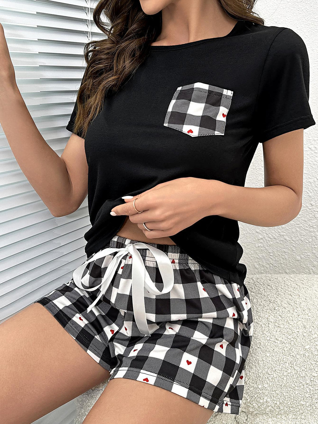 Plaid Heart Top and Shorts Lounge Set - Lilixa.store