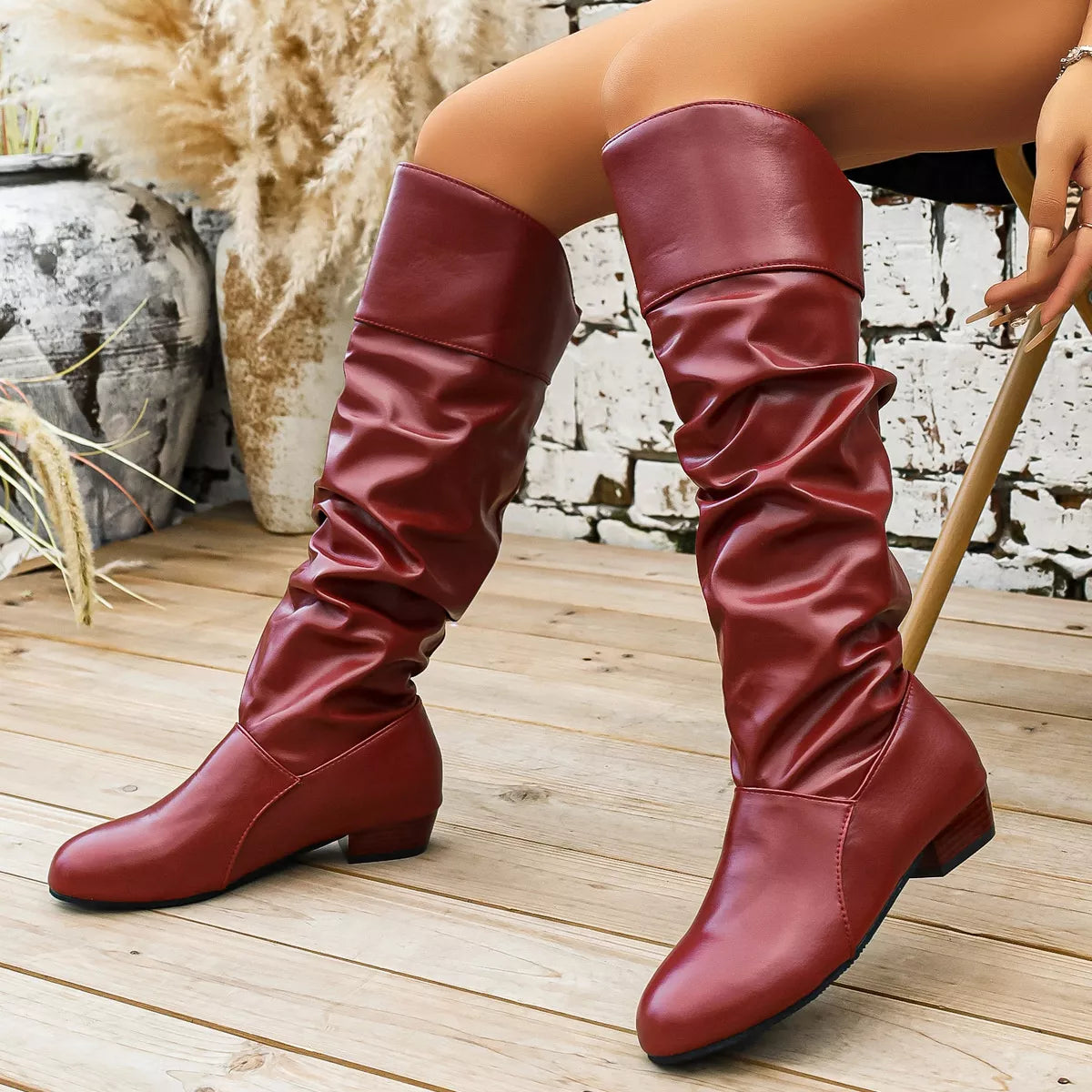Ruched Knee-High Low Block Heel Boots in Brown