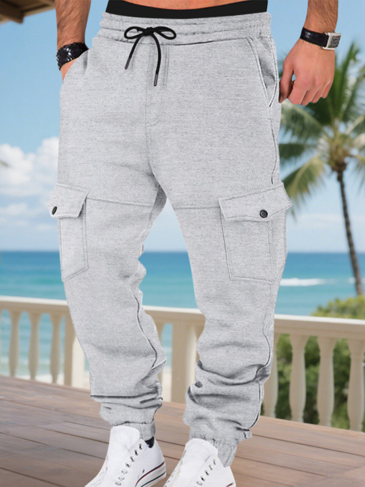 Men's Full Size Cargo Joggers with Multi-Pockets Plus Size in Light Gray
