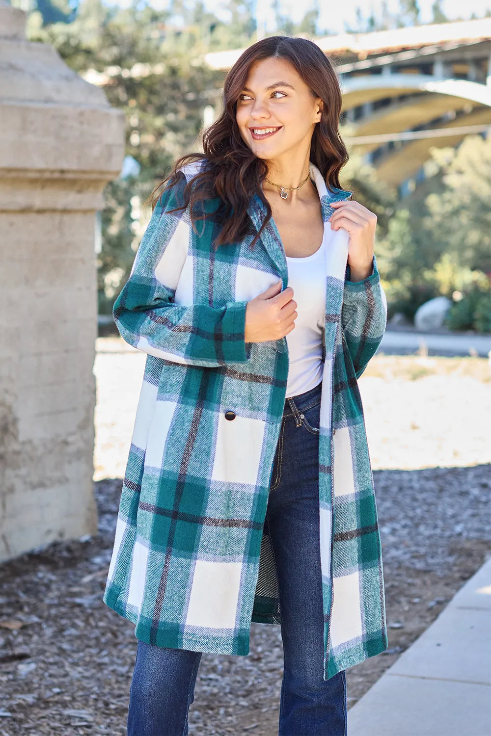 Double Take Full Size Plaid Button Up Lapel Collar Coat - Lilixa.store