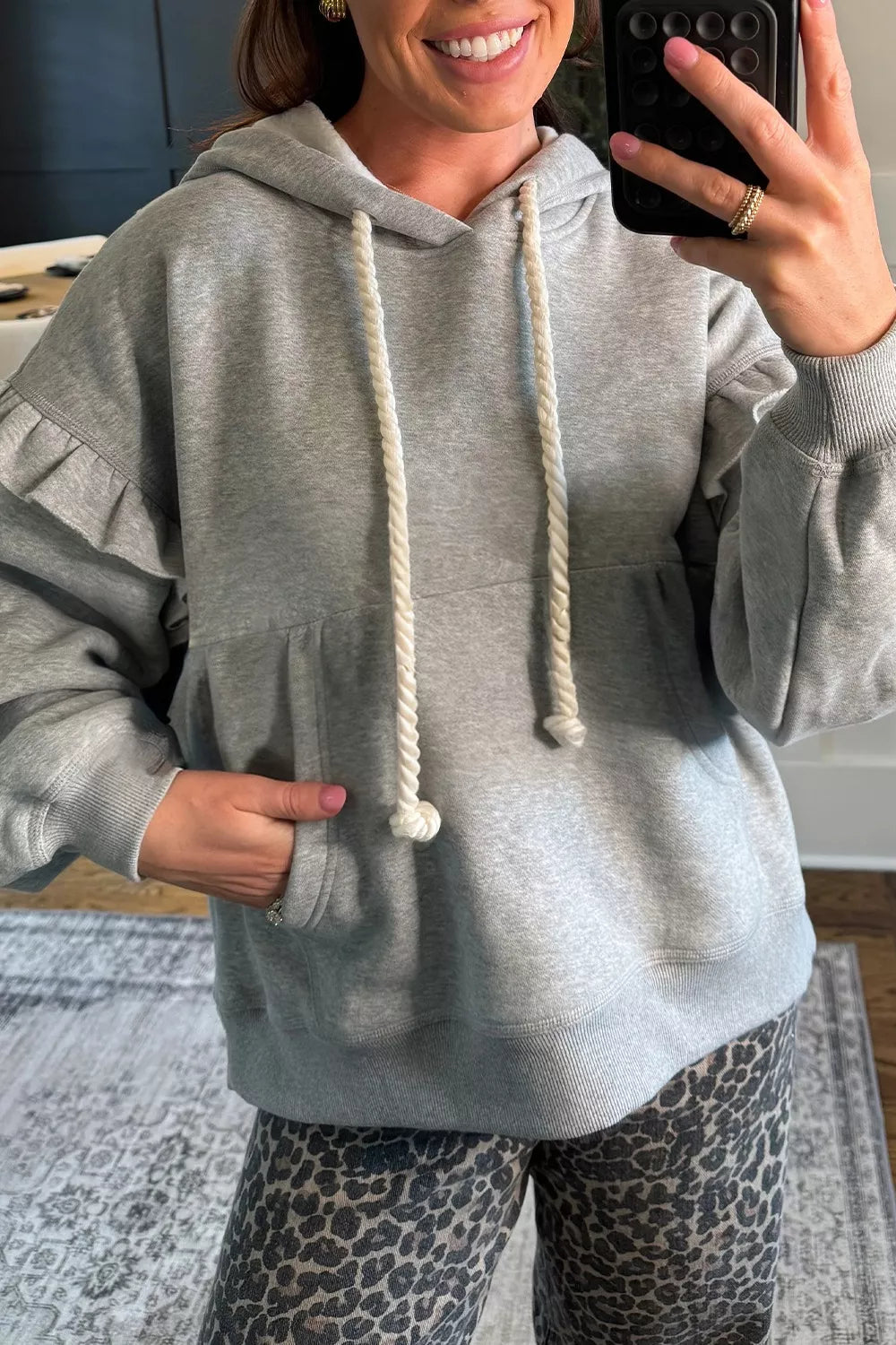 Ruffled Drawstring Long Sleeve Hoodie - Lilixa.store