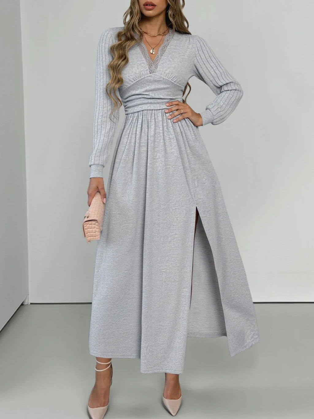 Lace Detail V-Neck Maxi Dress with Side Slit - Lilixa.store