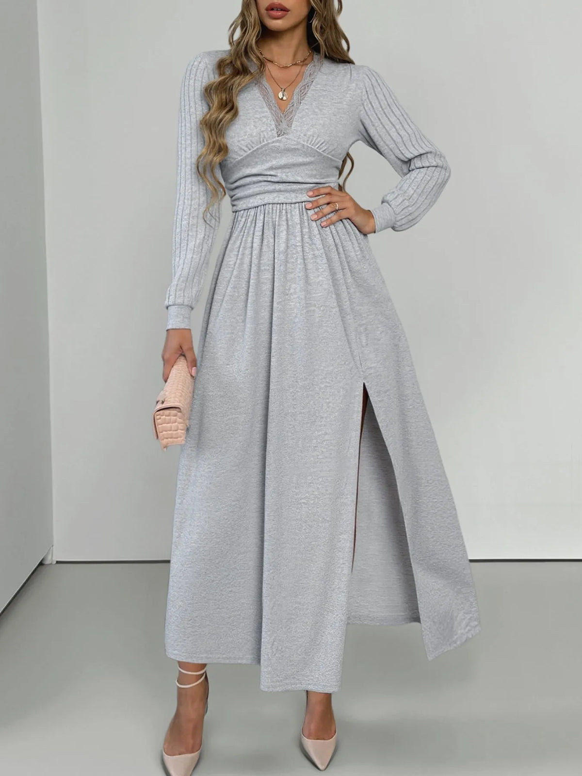 Lace Detail V-Neck Maxi Dress with Side Slit - Lilixa.store