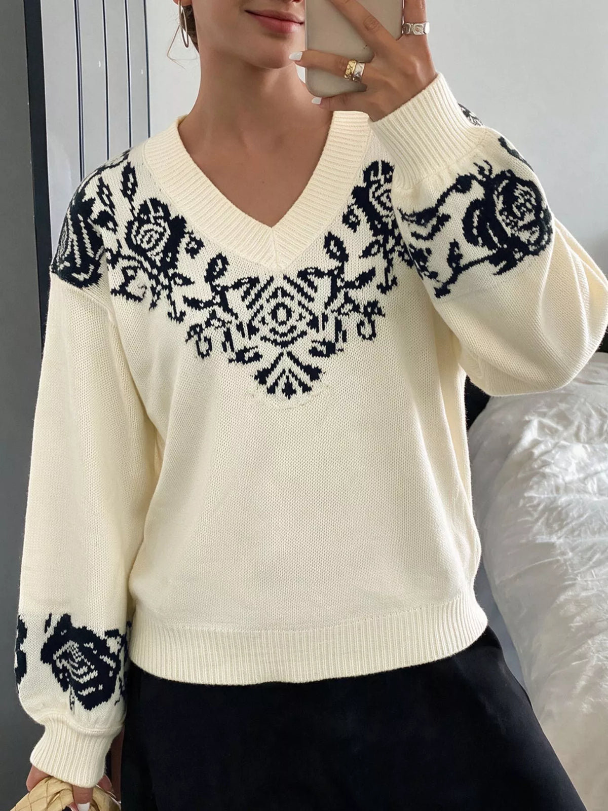 Floral Dropped Shoulder Sweater in Apricot, view 3