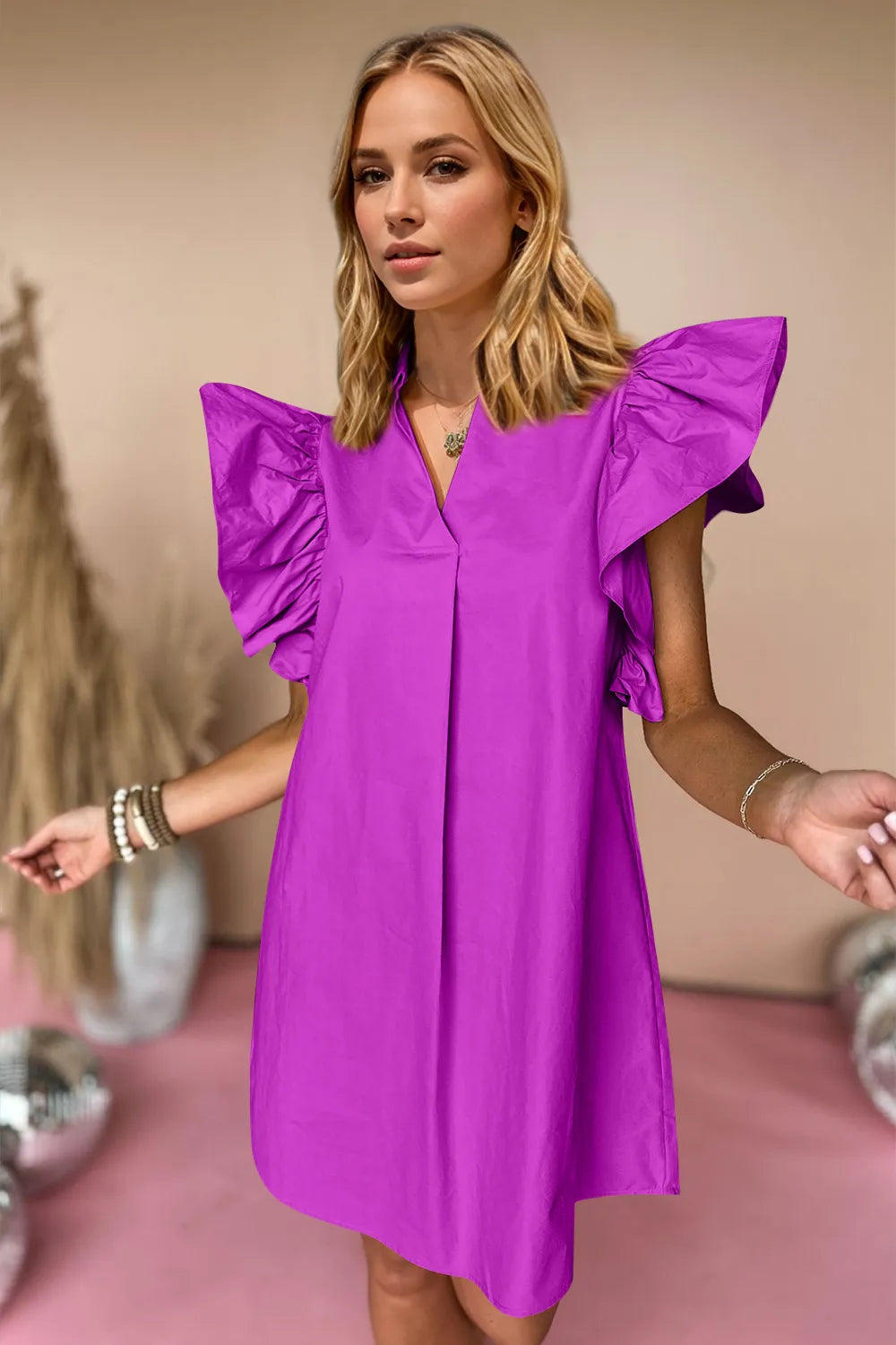 Oh Ruched Johnny Collar Cap Sleeve Mini Dress in Vivid Violet