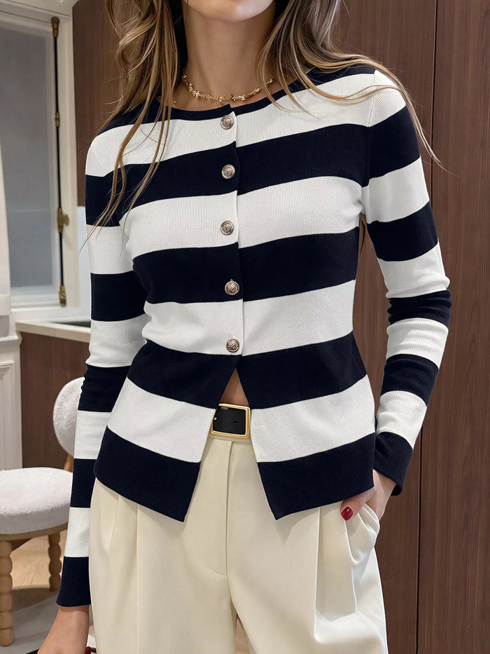 Striped Button-Down Knit Cardigan - Lilixa.store