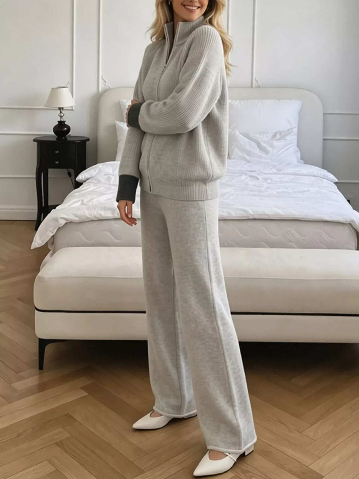 Zip-Up Contrast Cuff Cardigan and Pants Sweater Set, view 5
