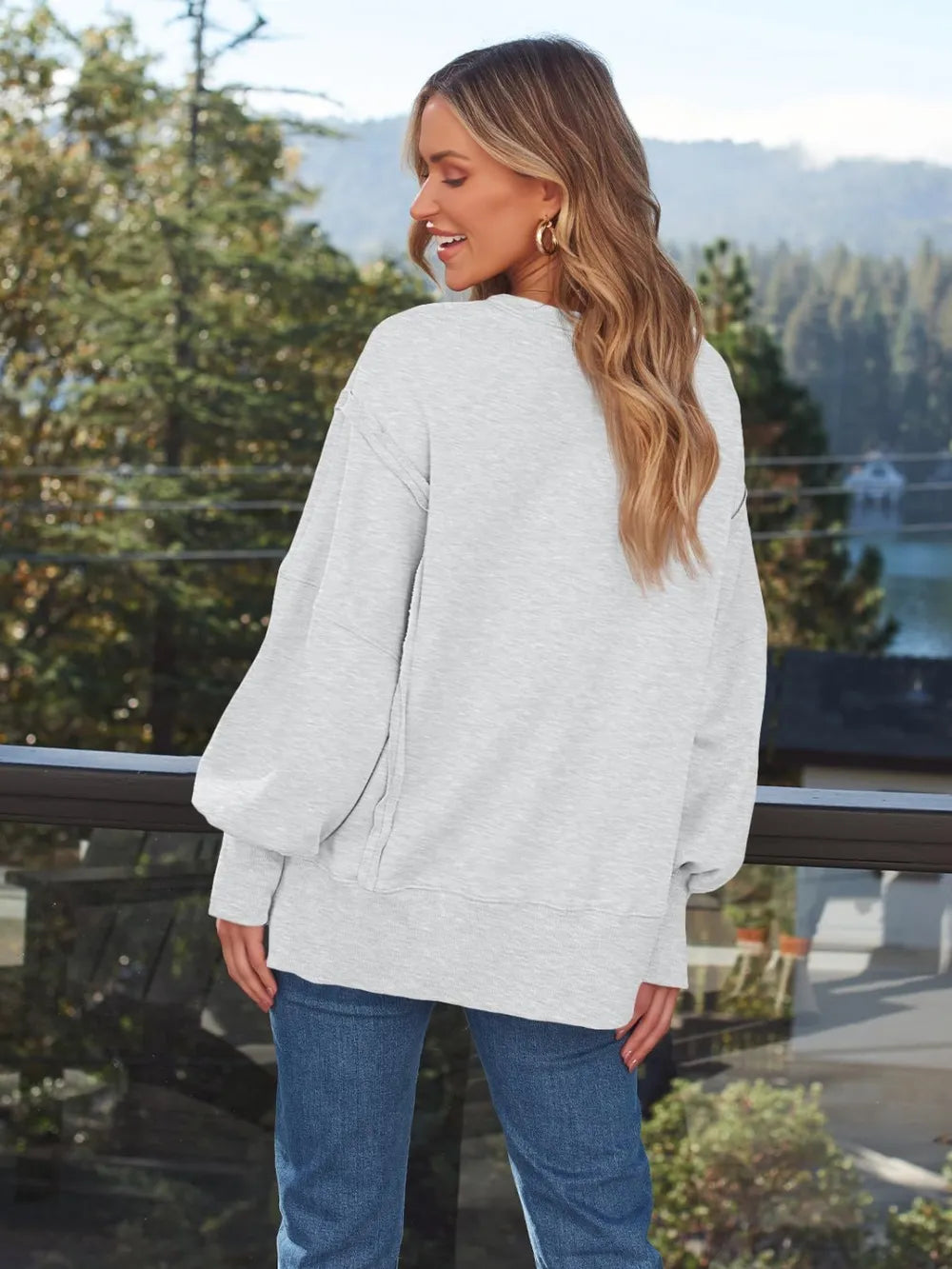 Slit Round Neck Long Sleeve Sweatshirt - Lilixa.store