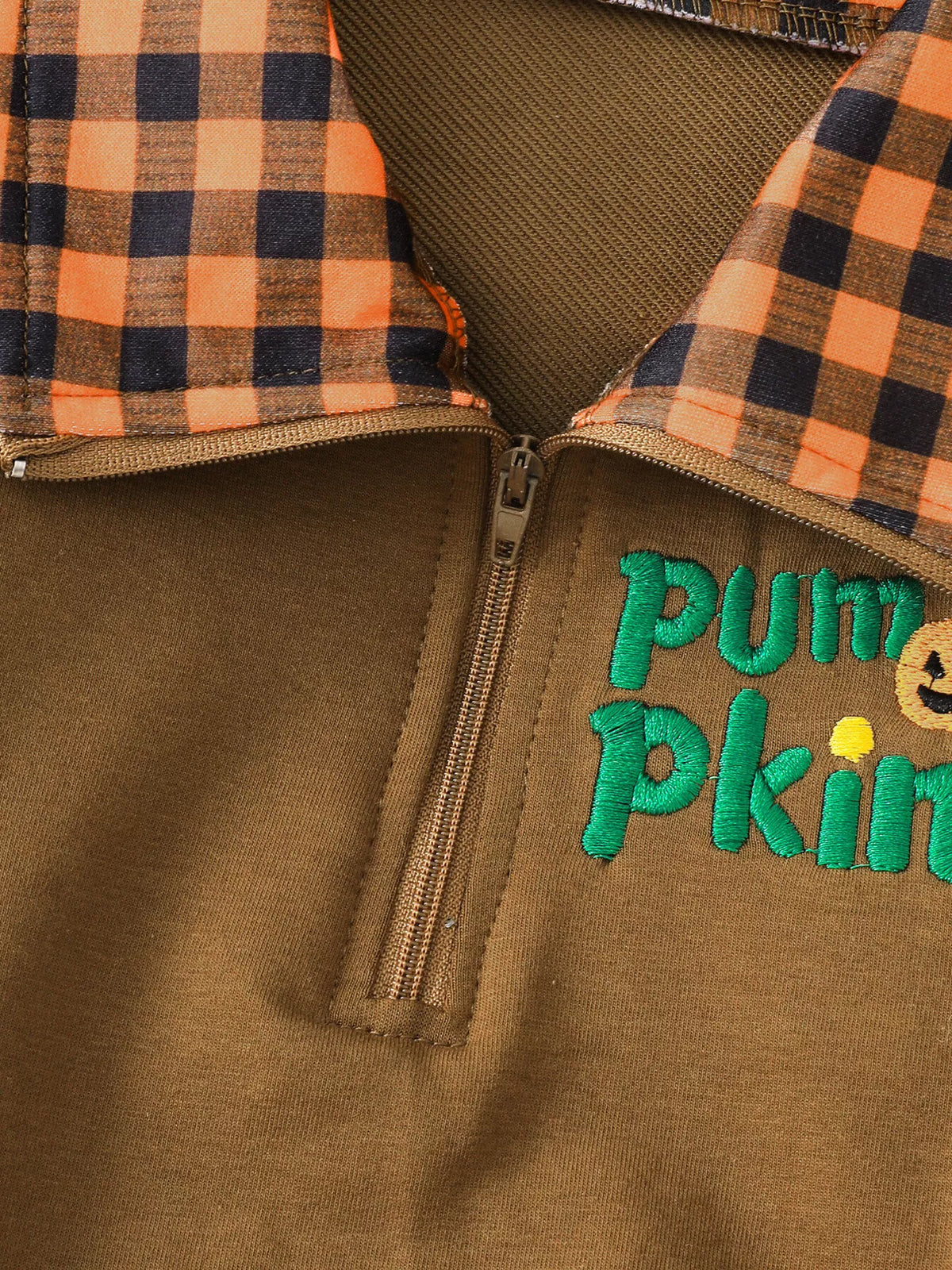 Children's Pumpkin Quarter-Zip Plaid Collar Sweatshirt - Lilixa.store