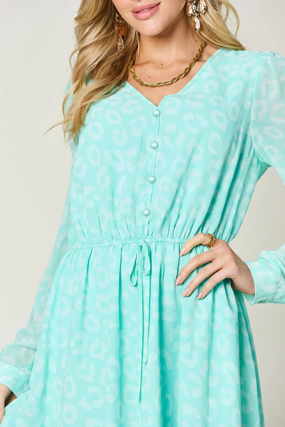 Double Take Full Size Printed Ruched V-Neck Long Sleeve Dress - Lilixa.store