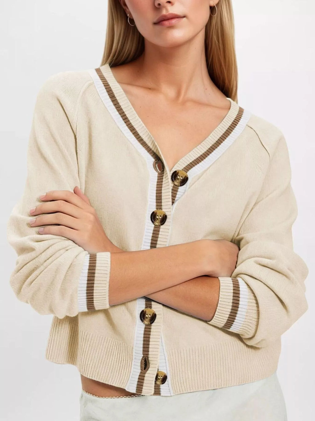 Striped Trim Button-Down Cardigan - Lilixa.store