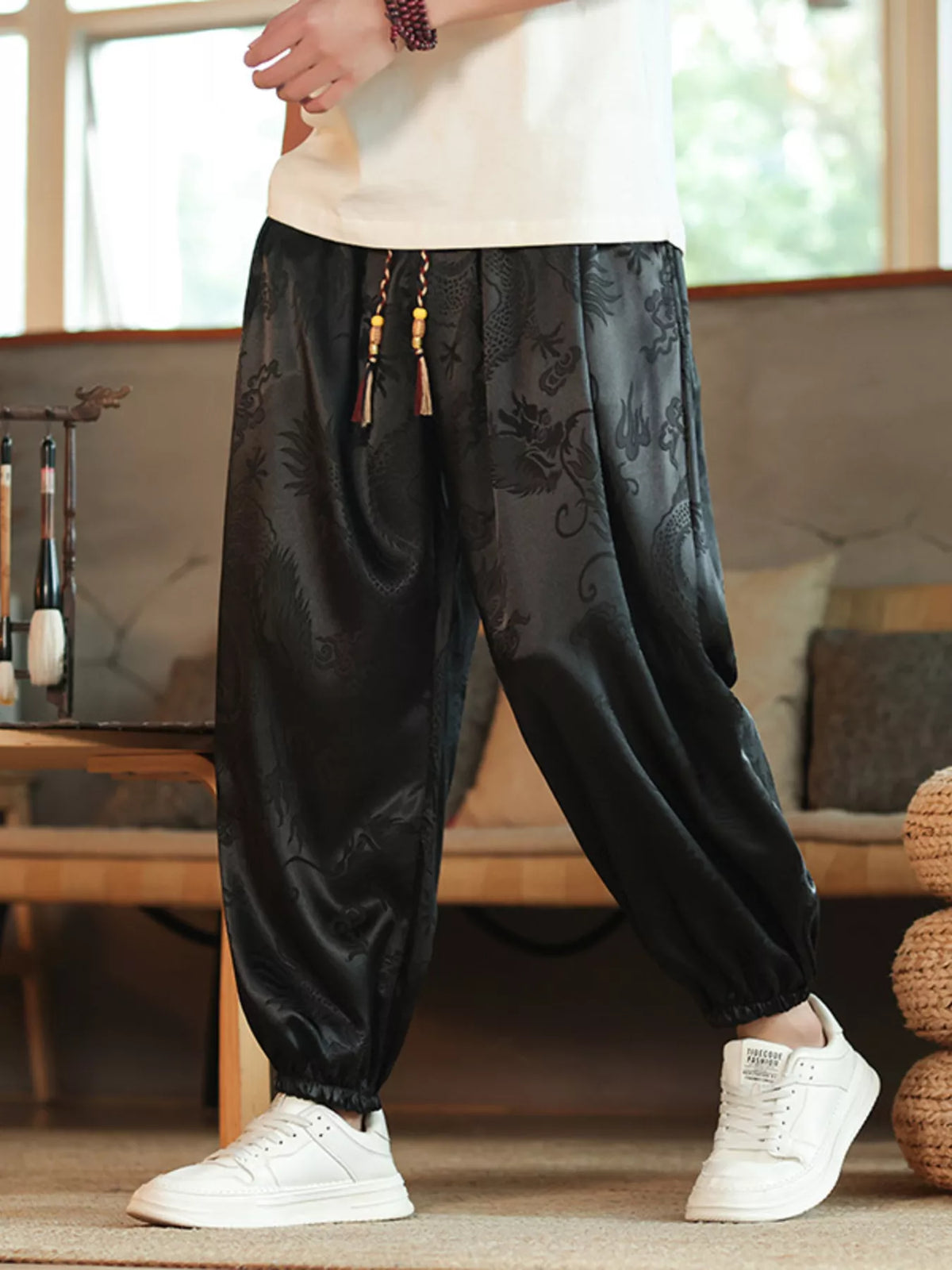 Men's Plus Size Dragon Pattern Silk Harem Pants, view 3
