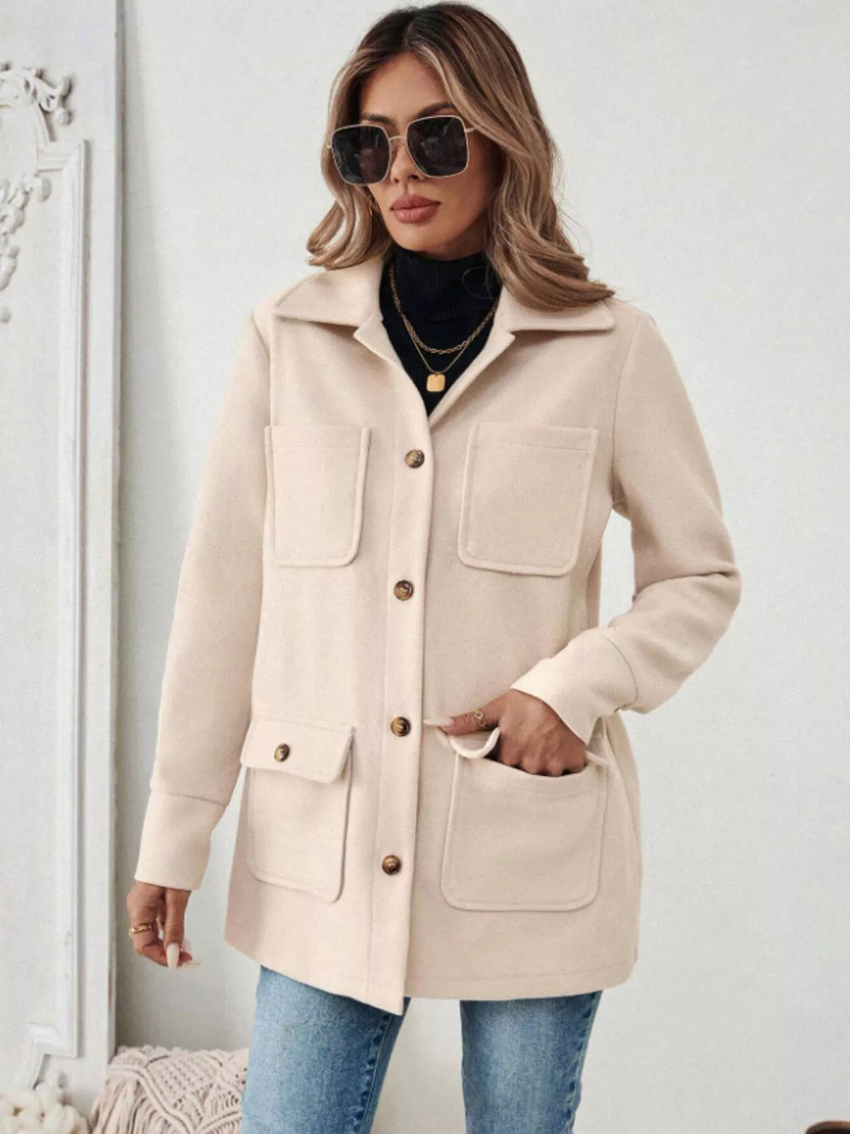 Button-Front Pocketed Long Sleeve Outerwear, view 2