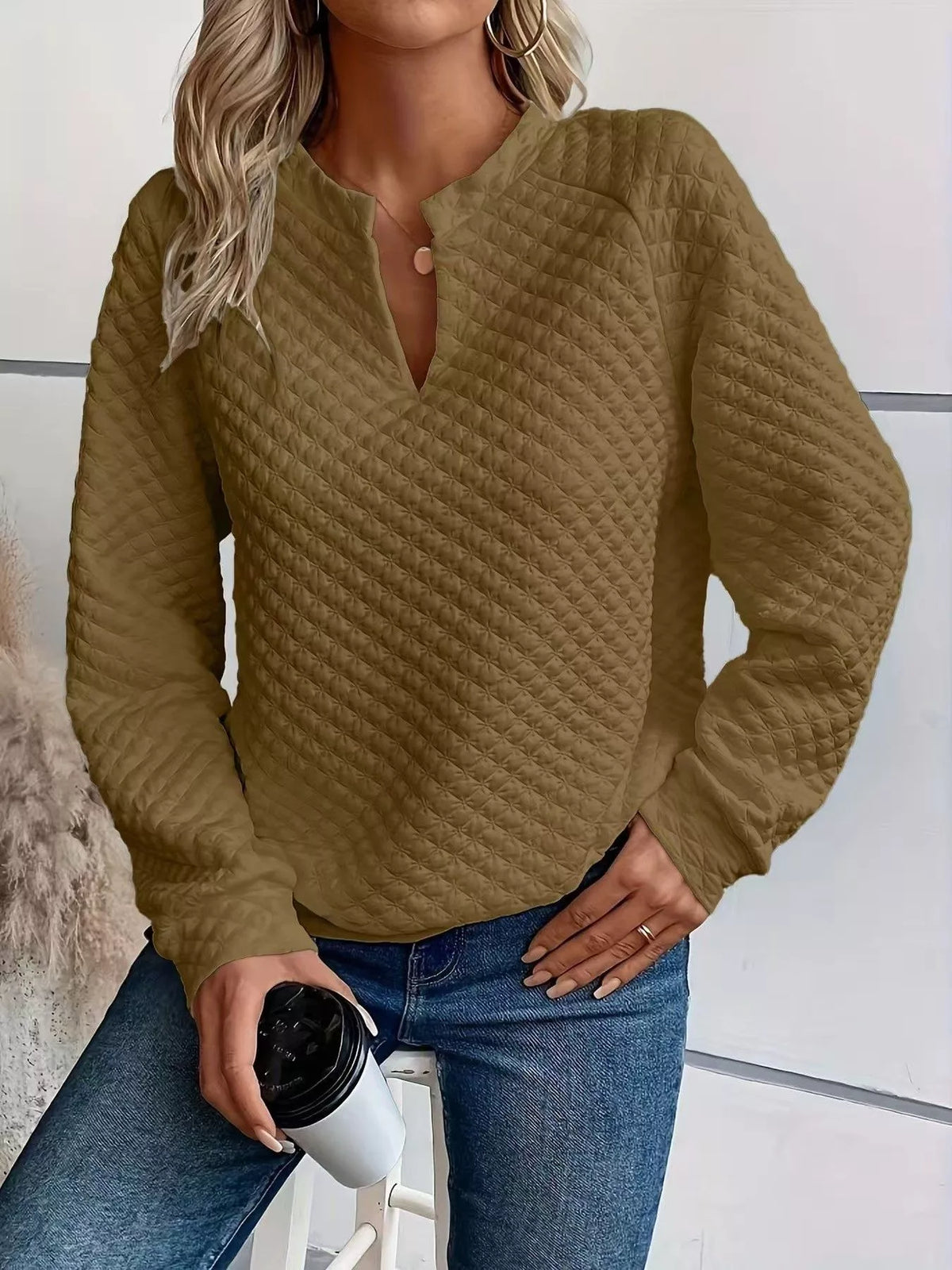 Quilted Texture Long Sleeve Sweatshirt with Notched Neck - Lilixa.store