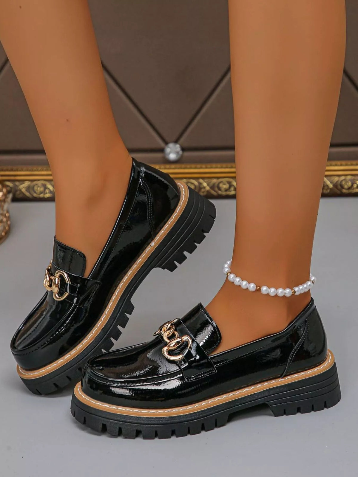 Round Toe Platform Loafers in Green, view 2