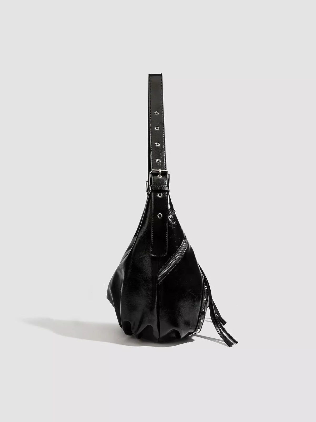Studded Patent Leather Hobo Shoulder Bag in Black, view 5