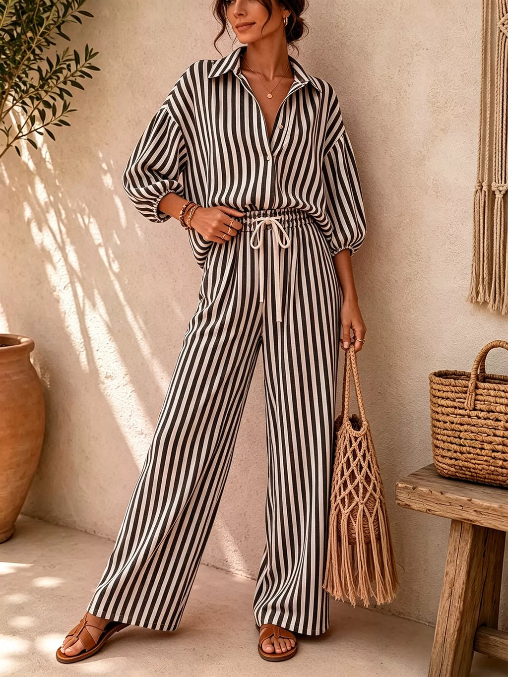 Striped Collared Shirt and Wide-Leg Drawstring Pants Set - Lilixa.store