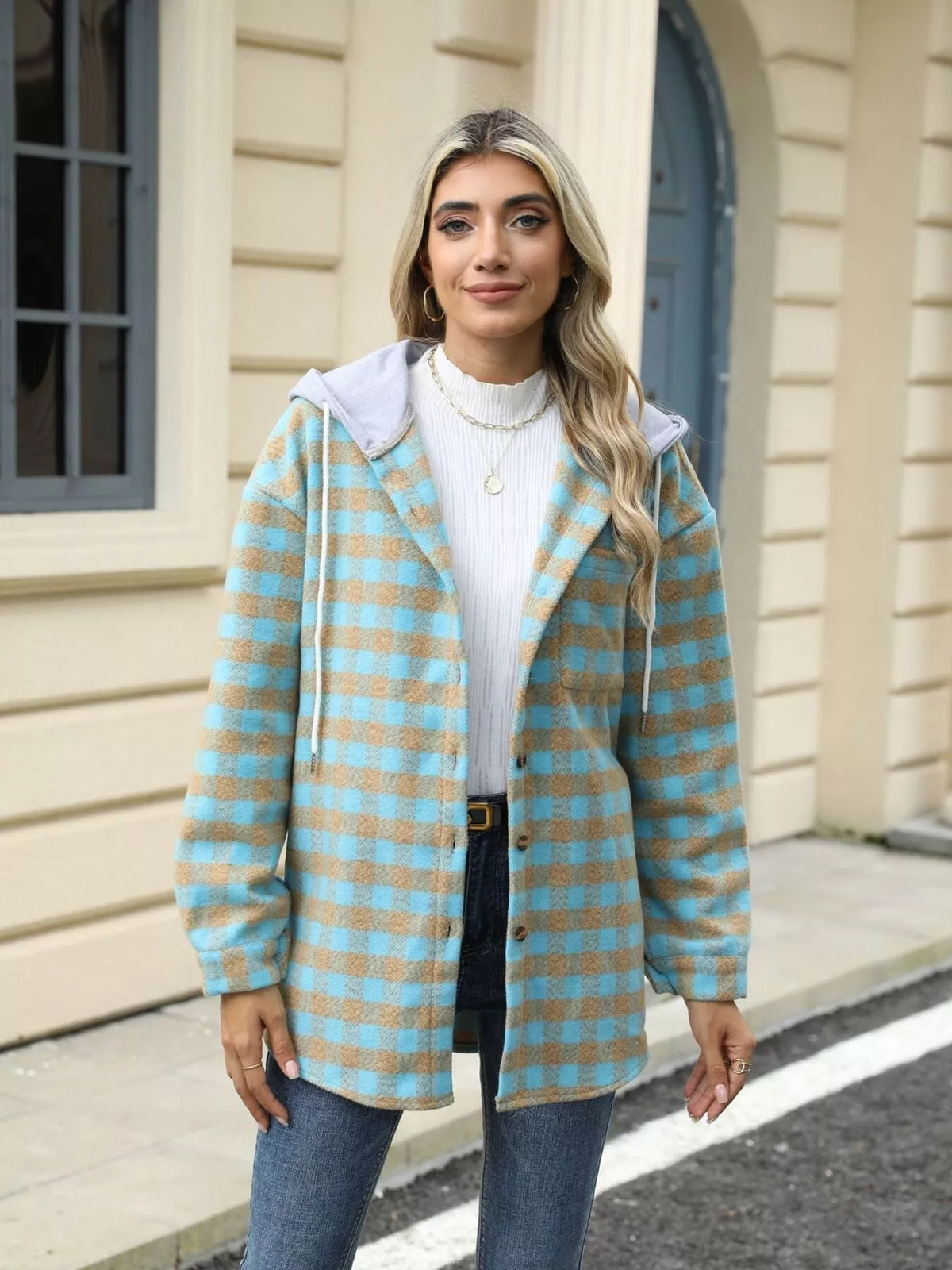 Plaid Button Up Long Sleeve Drawstring Hooded Jacket, view 20