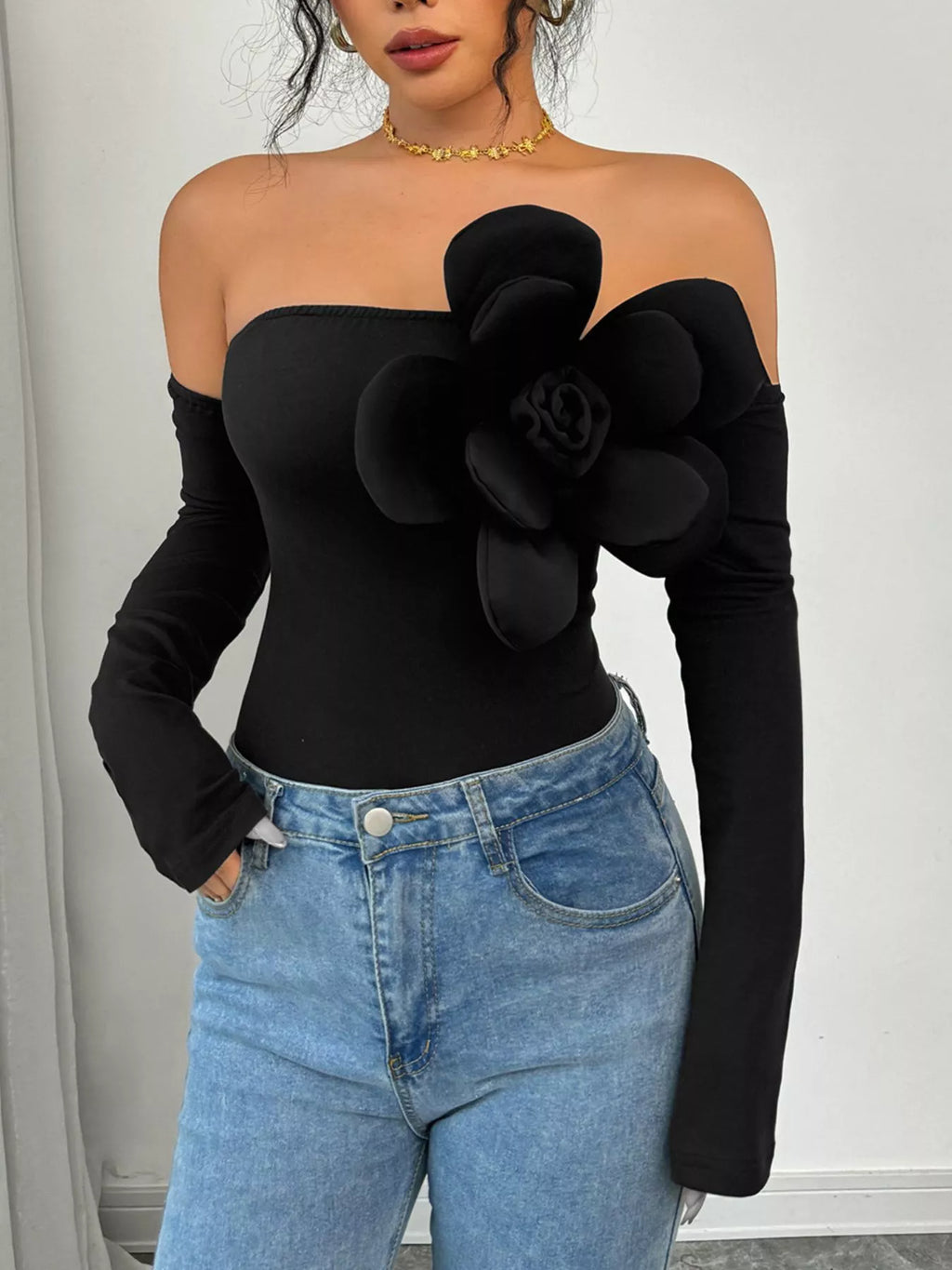 Flower Off-Shoulder Long Sleeve Bodysuit - Lilixa.store