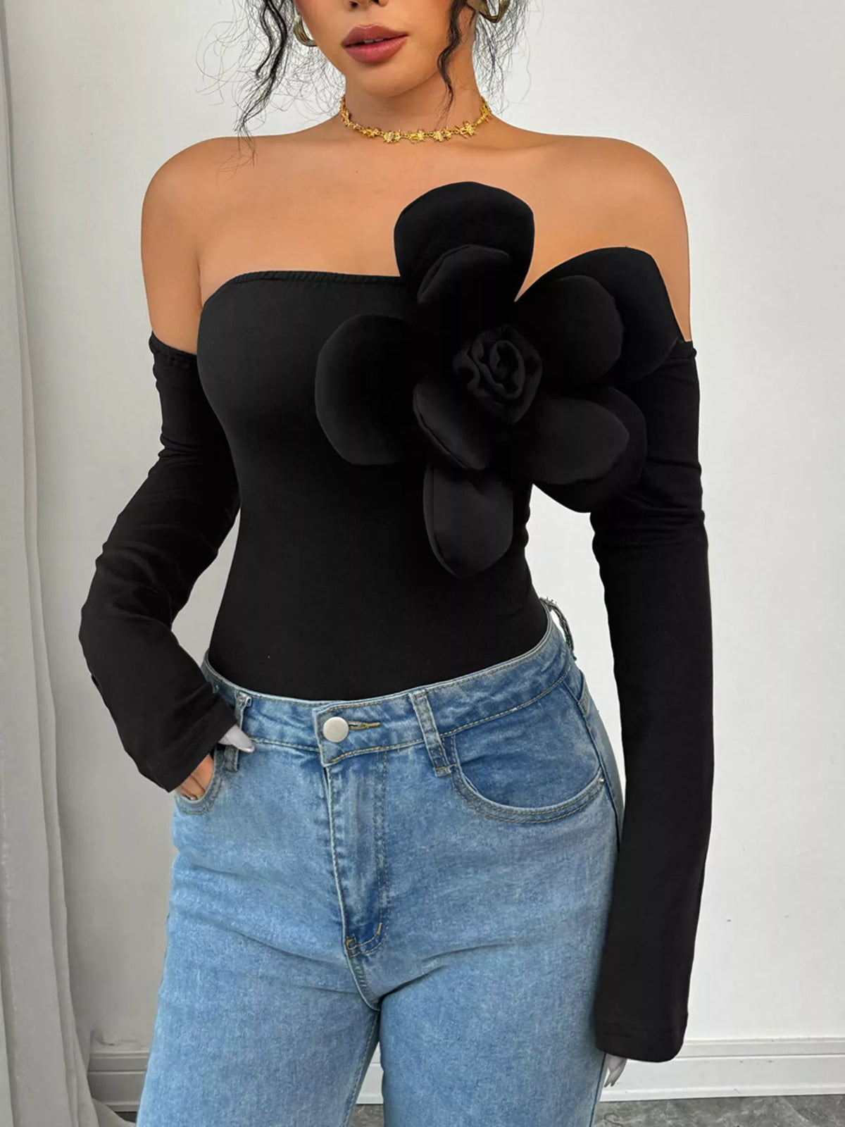 Flower Off-Shoulder Long Sleeve Bodysuit - Lilixa.store