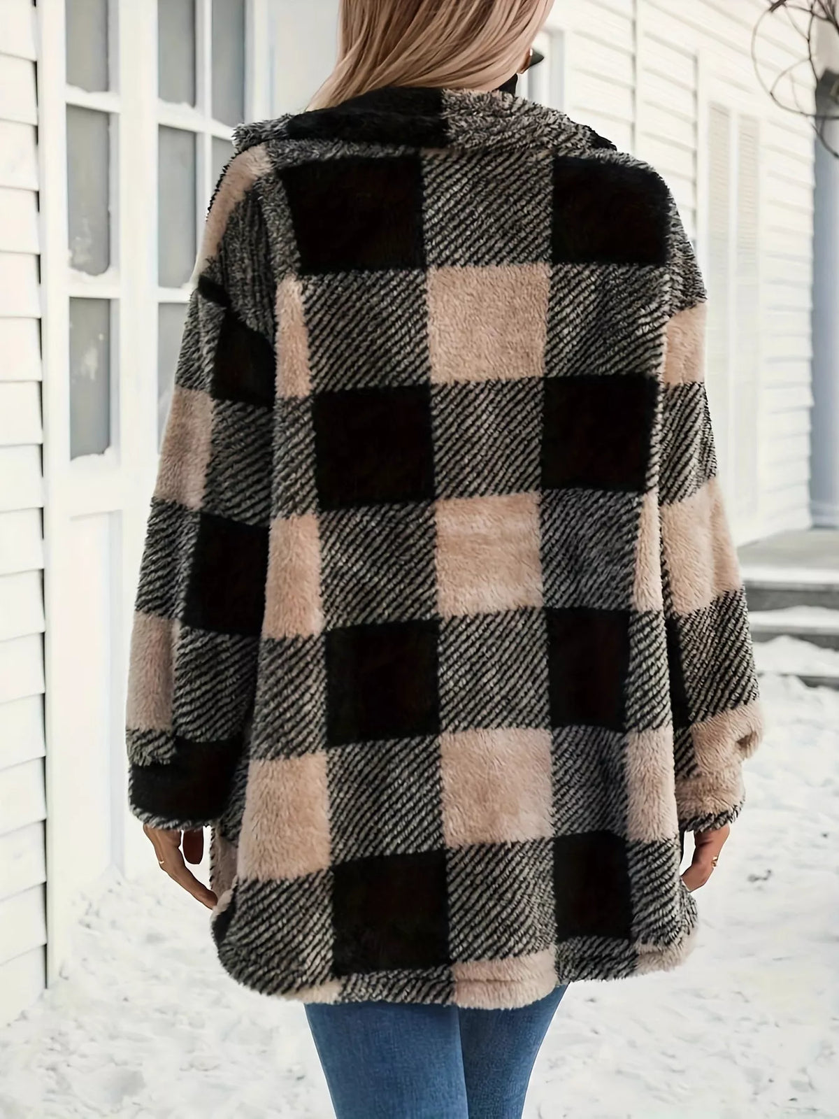 Plaid Fleece Button-Down Outerwear in Black, view 3