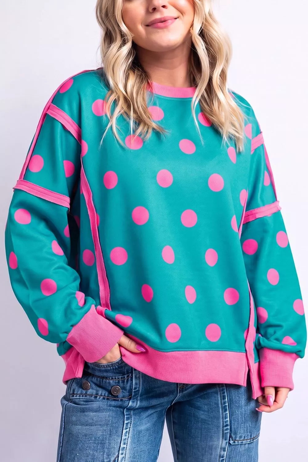 Polka Dot Contrast Patchwork Round Neck Baggy Sweatshirt in Sky Blue