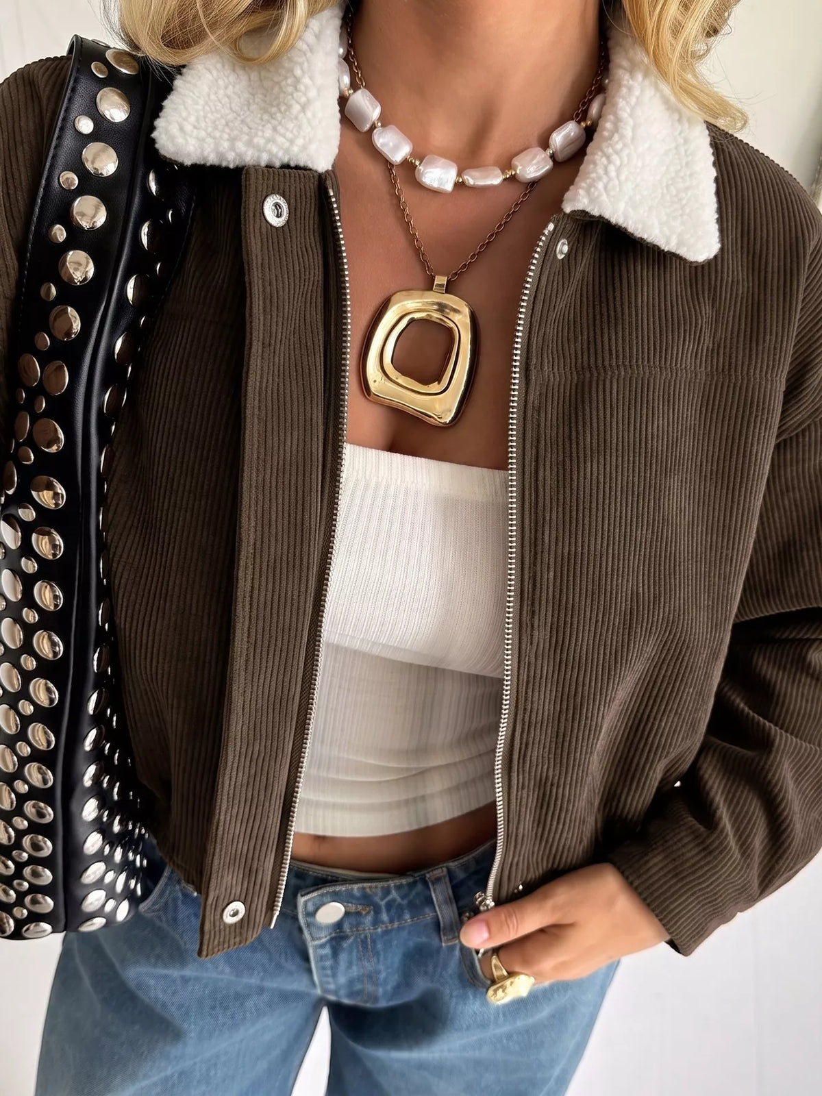 Contrast Sherpa Collar Corduroy Zip Up Jacket
