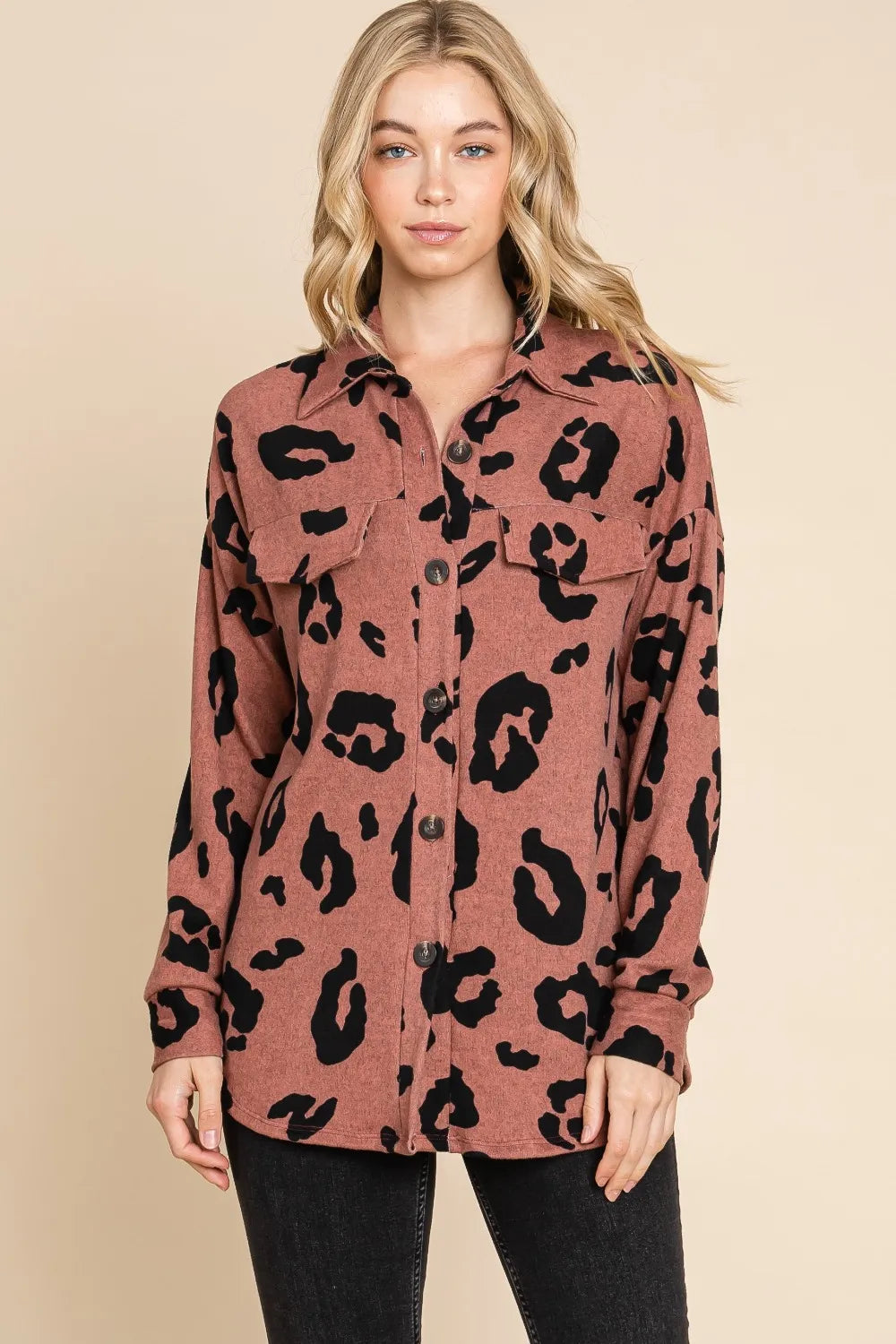 BOMBOM Animal Print Button Up Knit Shacket - Lilixa.store