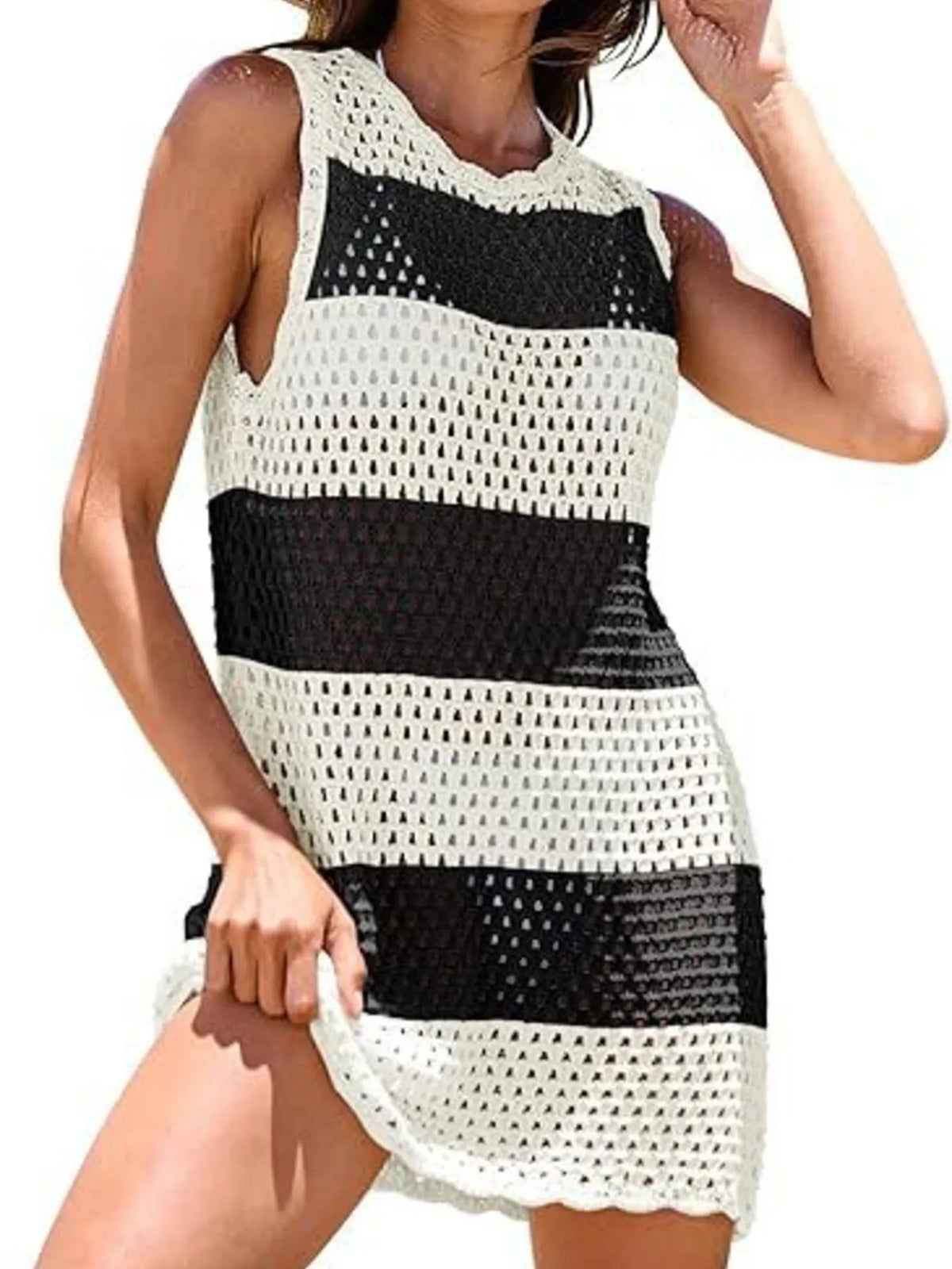 Color Block Openwork Sleeveless Cutout Back Cover-Up - Lilixa.store