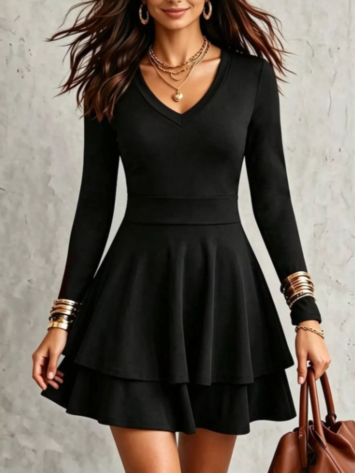 V-Neck Long Sleeve Layered Ruffle Mini Dress - Lilixa.store