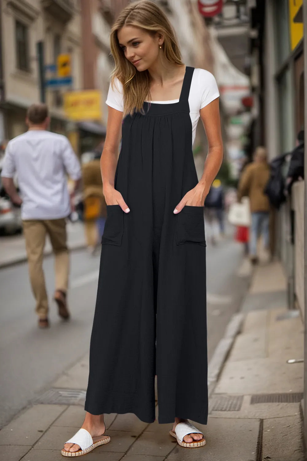 Double Take Full Size Wide Leg Overalls with Pockets in Black