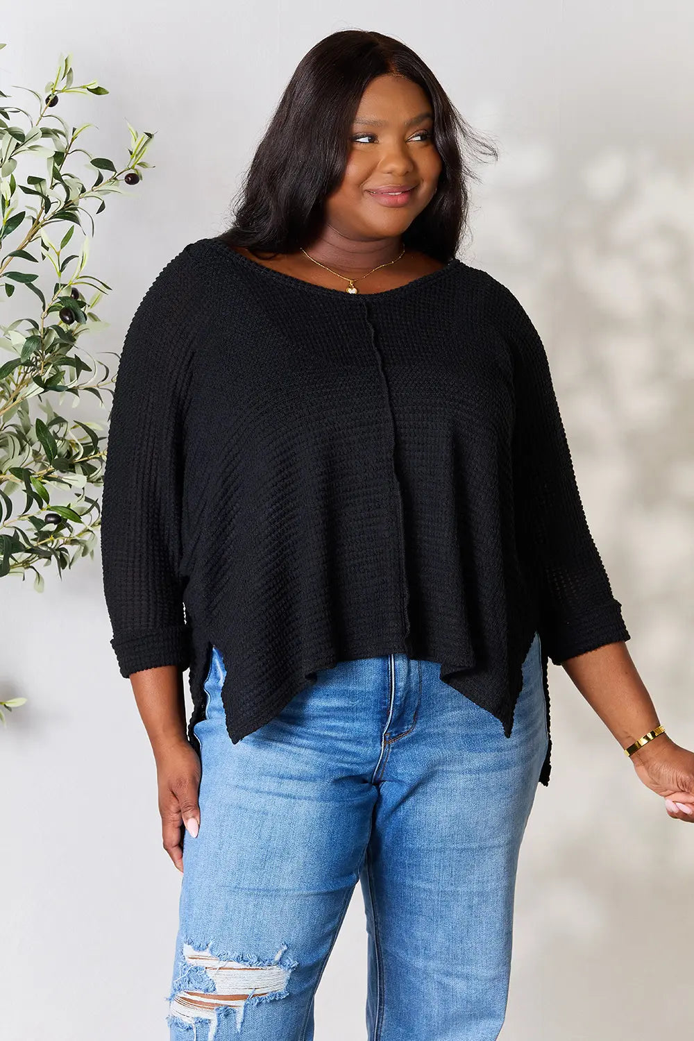 Zenana Full Size Round Neck High-Low Slit Knit Top - Lilixa.store