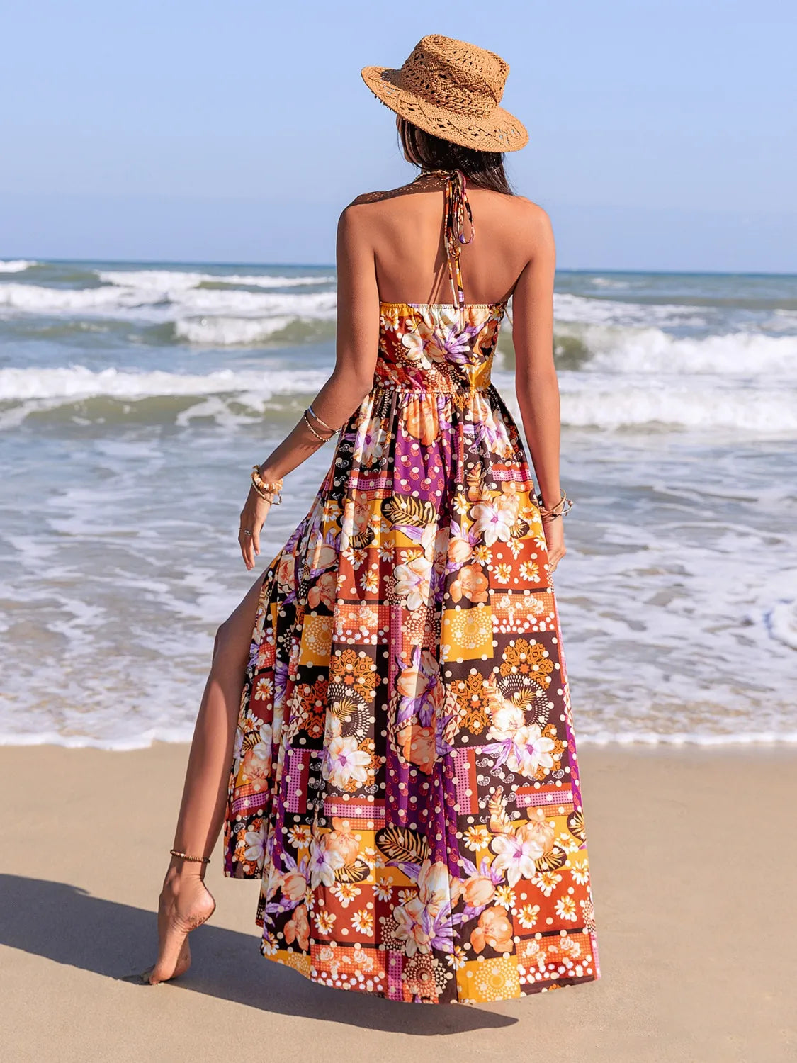 Slit Printed Halter Neck Cami Dress in Multicolor, view 7