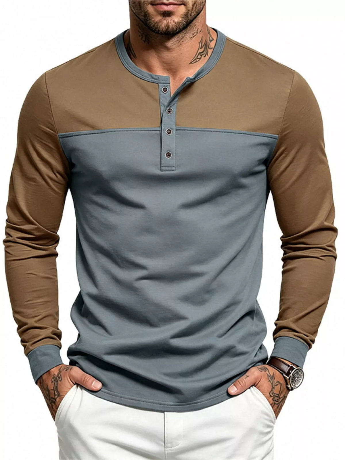 Men's Full Size Color-Block Long Sleeve Henley T-Shirt Plus Size - Lilixa.store
