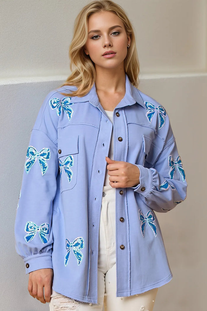 Double Take Full Size Sequin Bow Button Up Shacket - Lilixa.store