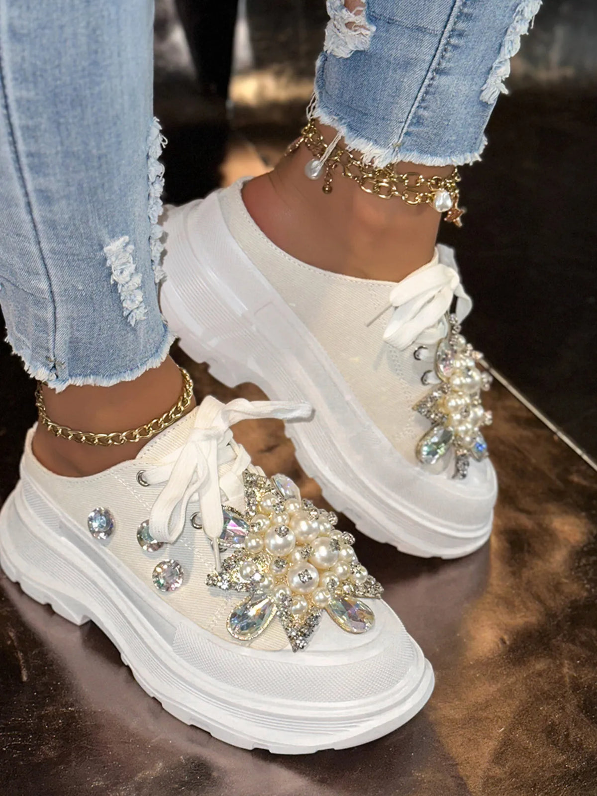 Pearl Embellished Platform Slip-Ons, view 8