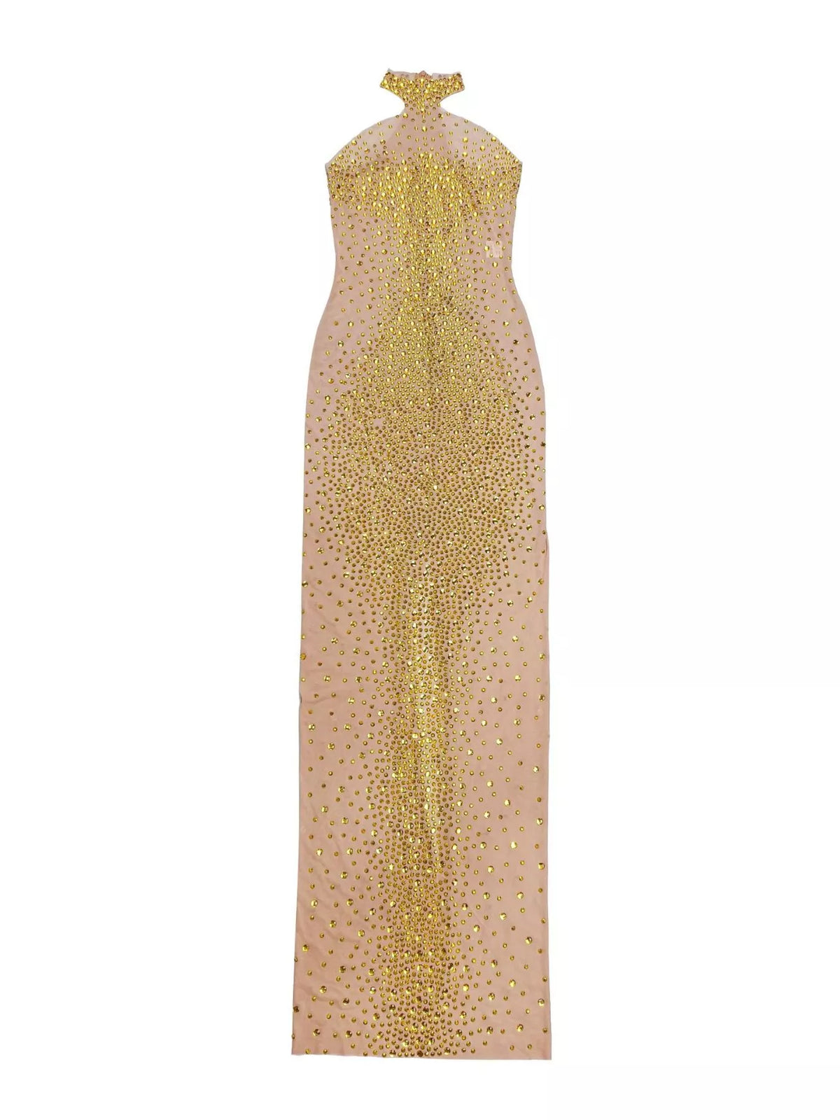 Rhinestone Embellished Mesh Dress with Back Slit in Gold, view 4
