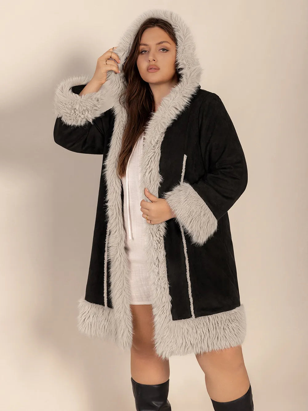 Plus Size Fuzzy Trim Open Front Long Sleeve Hooded Coat in Black, view 4