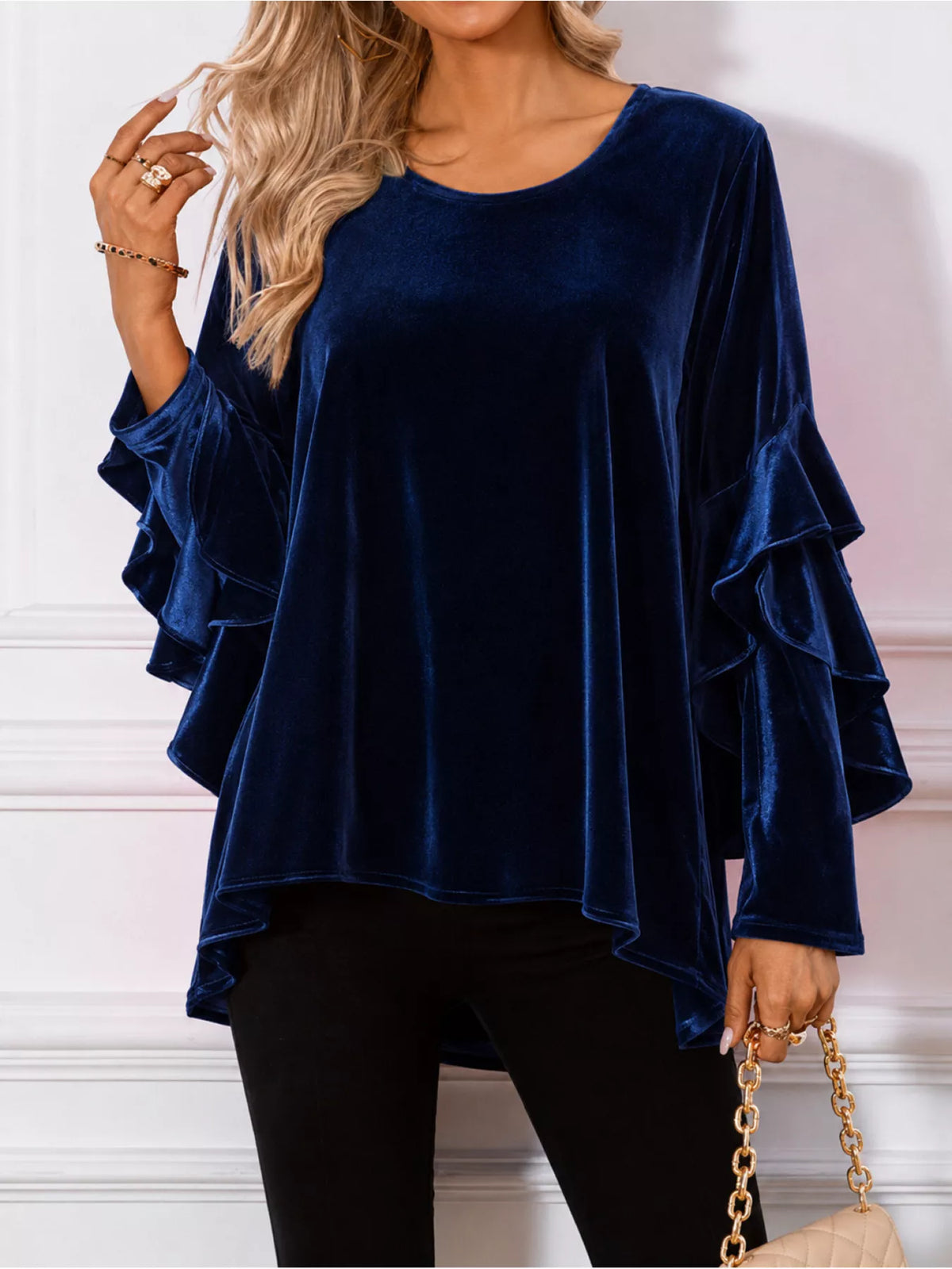 Velvet Round Neck Ruffle Sleeve Top - Lilixa.store