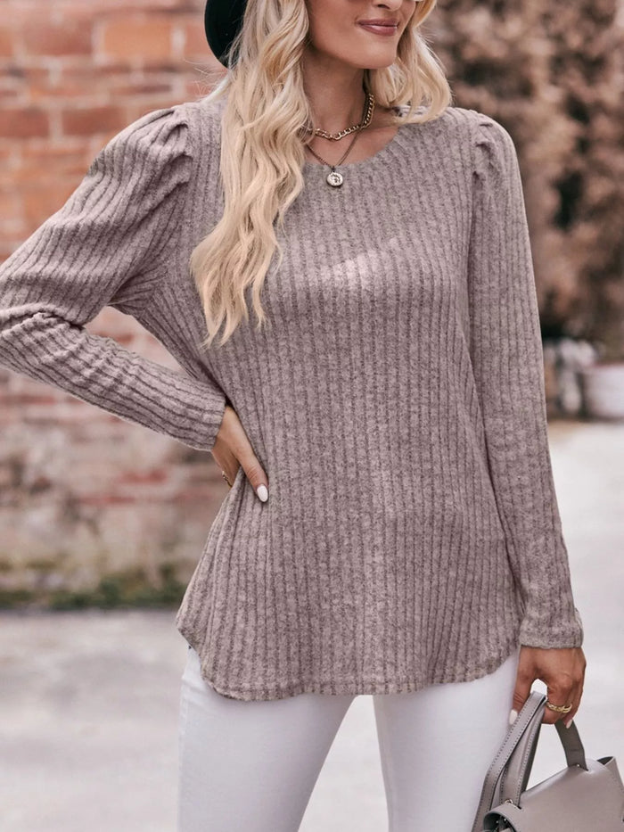 Ribbed Knit Puff Sleeve T-Shirt in Mocha