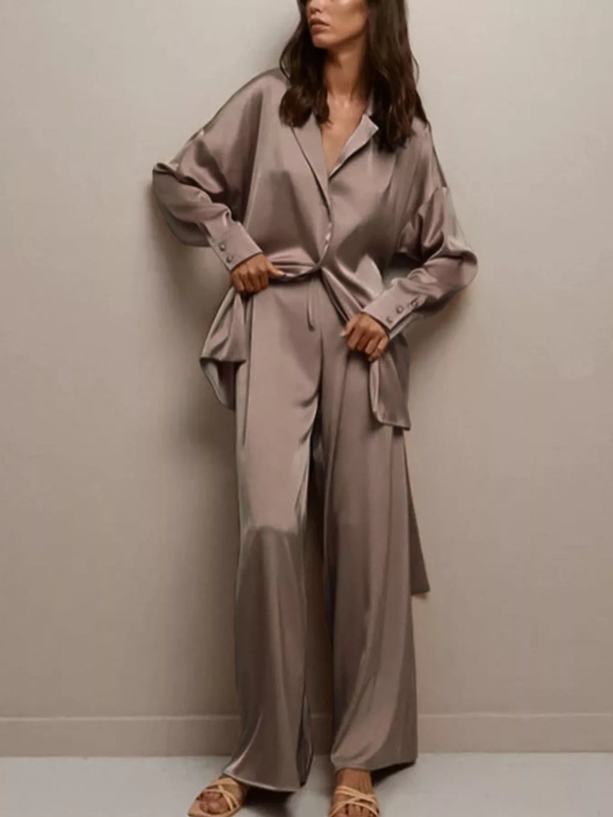 Satin Long Sleeve Shirt and Pants Set - Lilixa.store