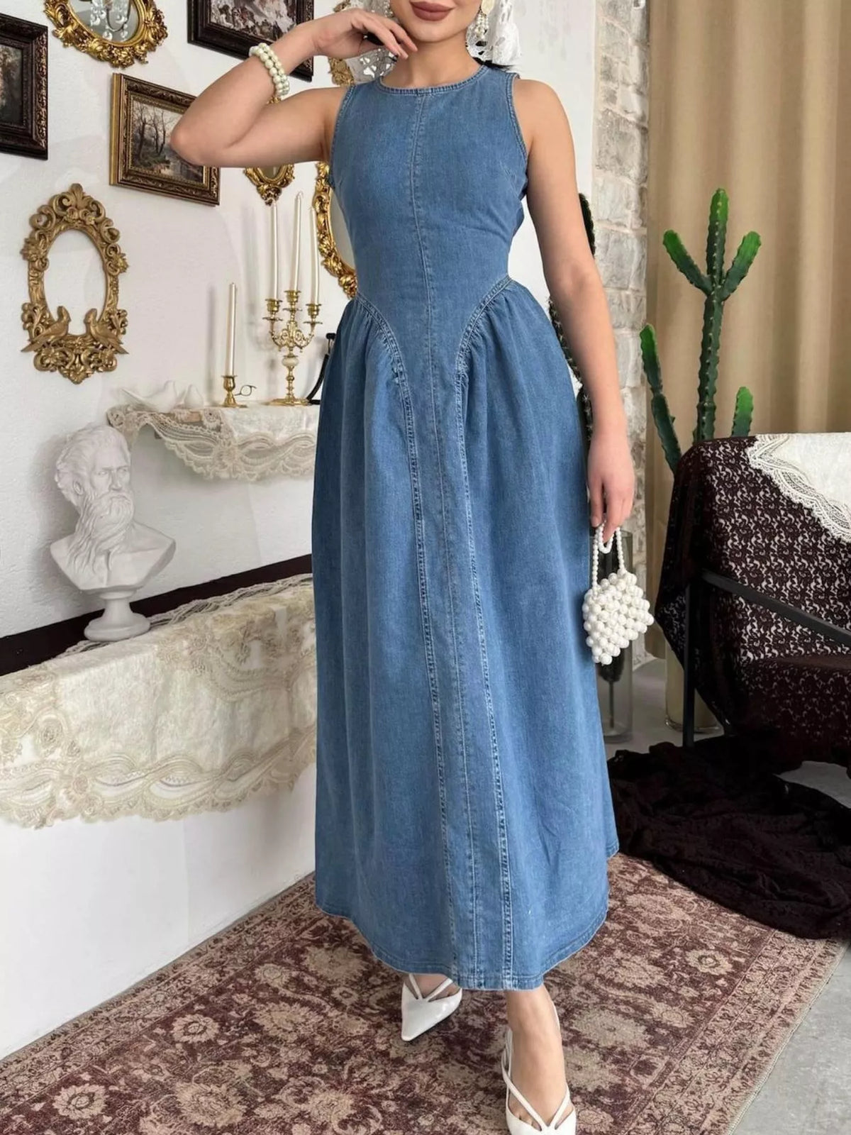 Sleeveless A-Line Denim Midi Dress in Dark Blue