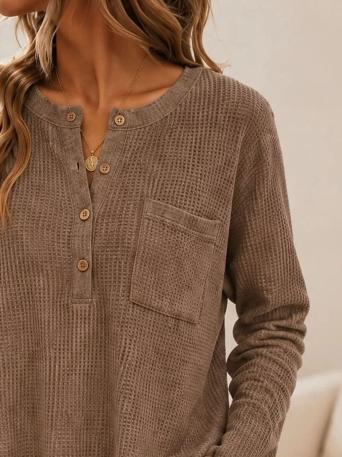 Waffle Knit Button Detail Top - Lilixa.store