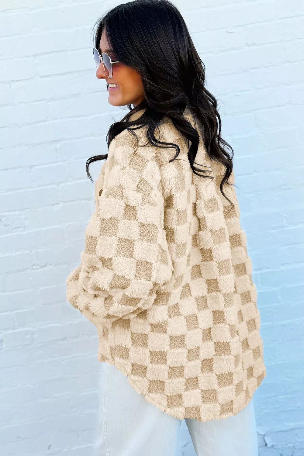 Plush Checkered Corduroy Trim Metal Button Long Sleeve Shift Silhouette Shacket - Lilixa.store