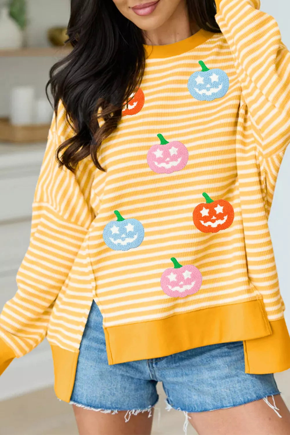 Stripe Halloween Pumpkin Face Waffle Knit Pullover Loose Top with Slits - Lilixa.store